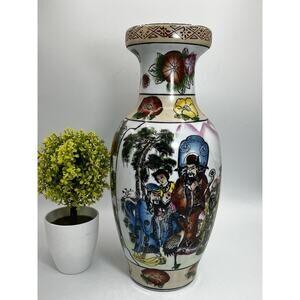 Vintage James Alex Hand Painted Vase 12” Asian Design Imported Ceramic